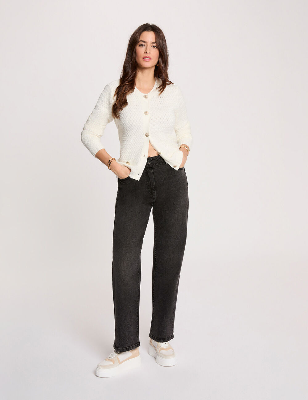 Gilet droit col rond blanc femme