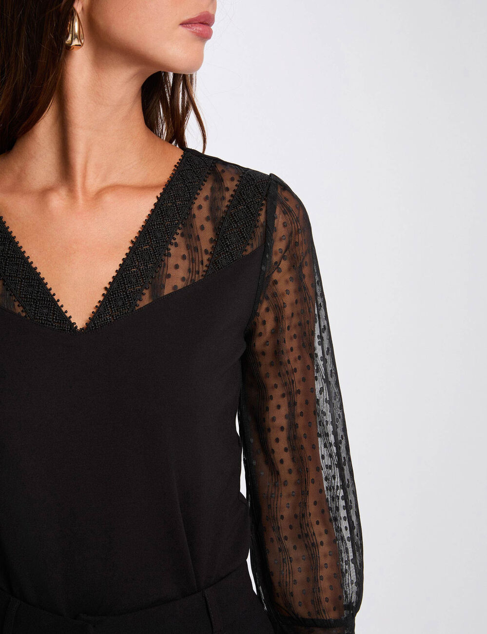 T-shirt dentelle col v noir femme