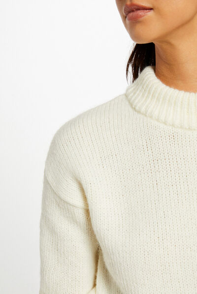 Pull manches longues col montant ivoire femme
