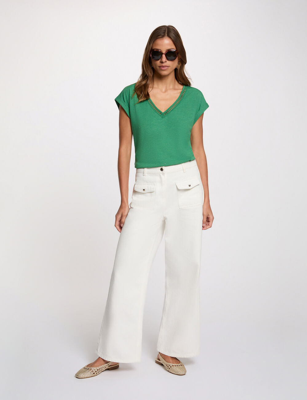 T-shirt brillant col v vert prairie femme