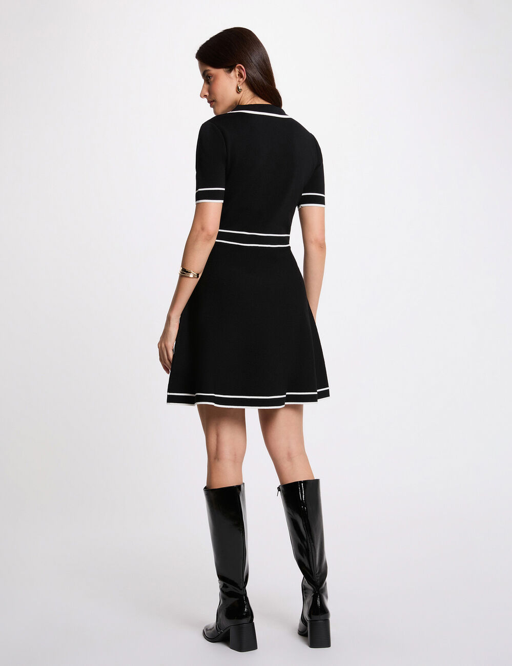Robe tricot courte col &agrave; revers noir femme