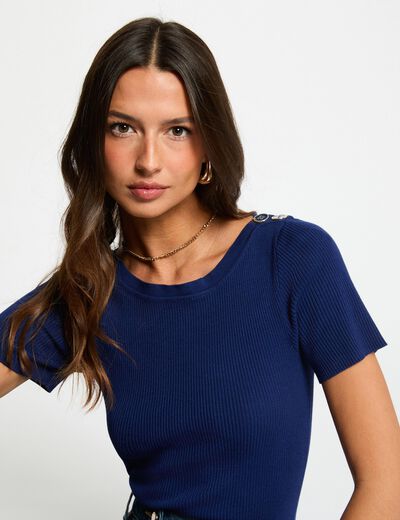 Pull col bateau et boutons bleu marine femme