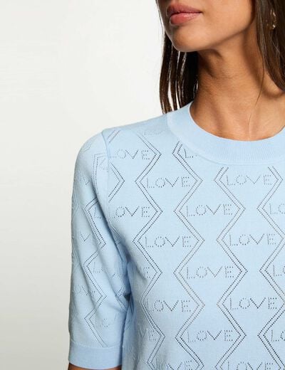 Pull ajour&eacute; manches 3/4 bleu ciel femme