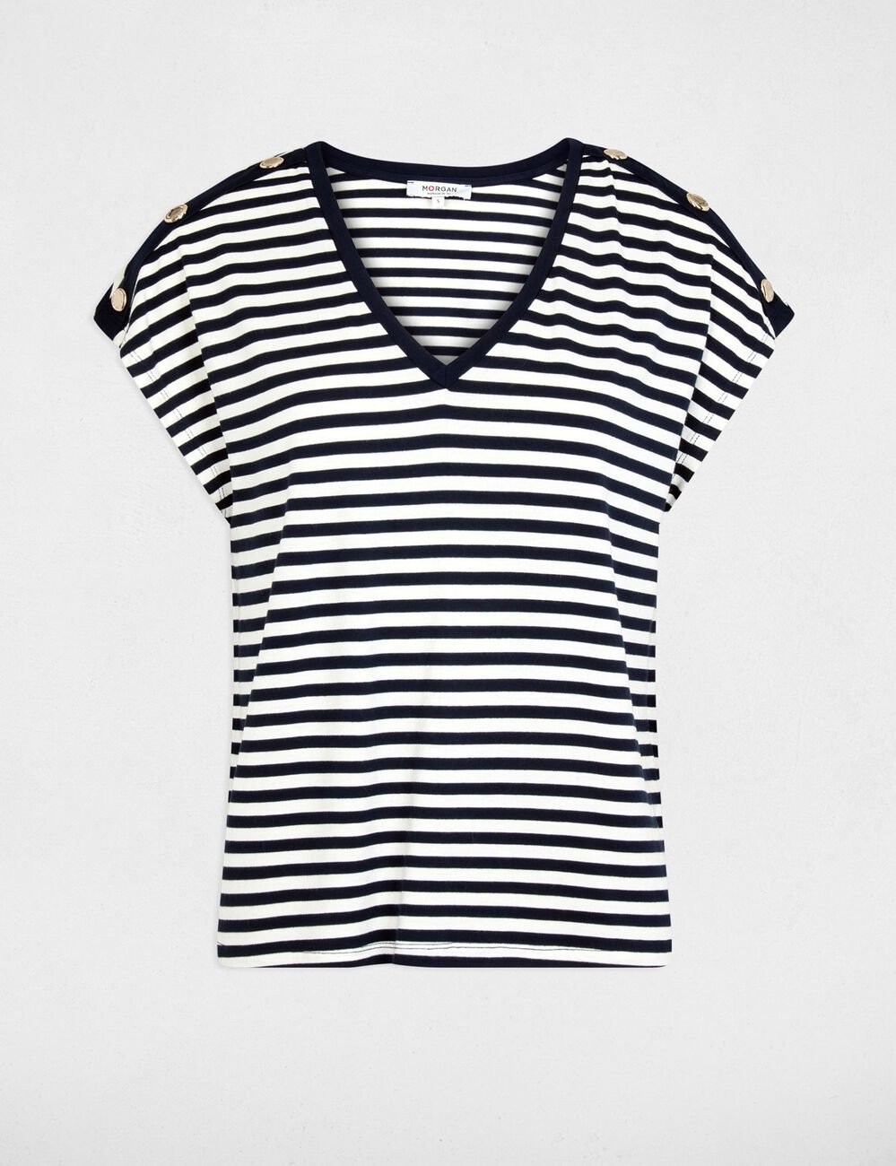 Gestreept V-hals T-shirt marineblauw vrouw