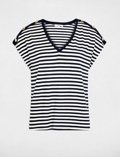 Gestreept V-hals T-shirt marineblauw vrouw