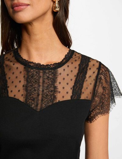Getailleerd kanten T-shirt zwart vrouw