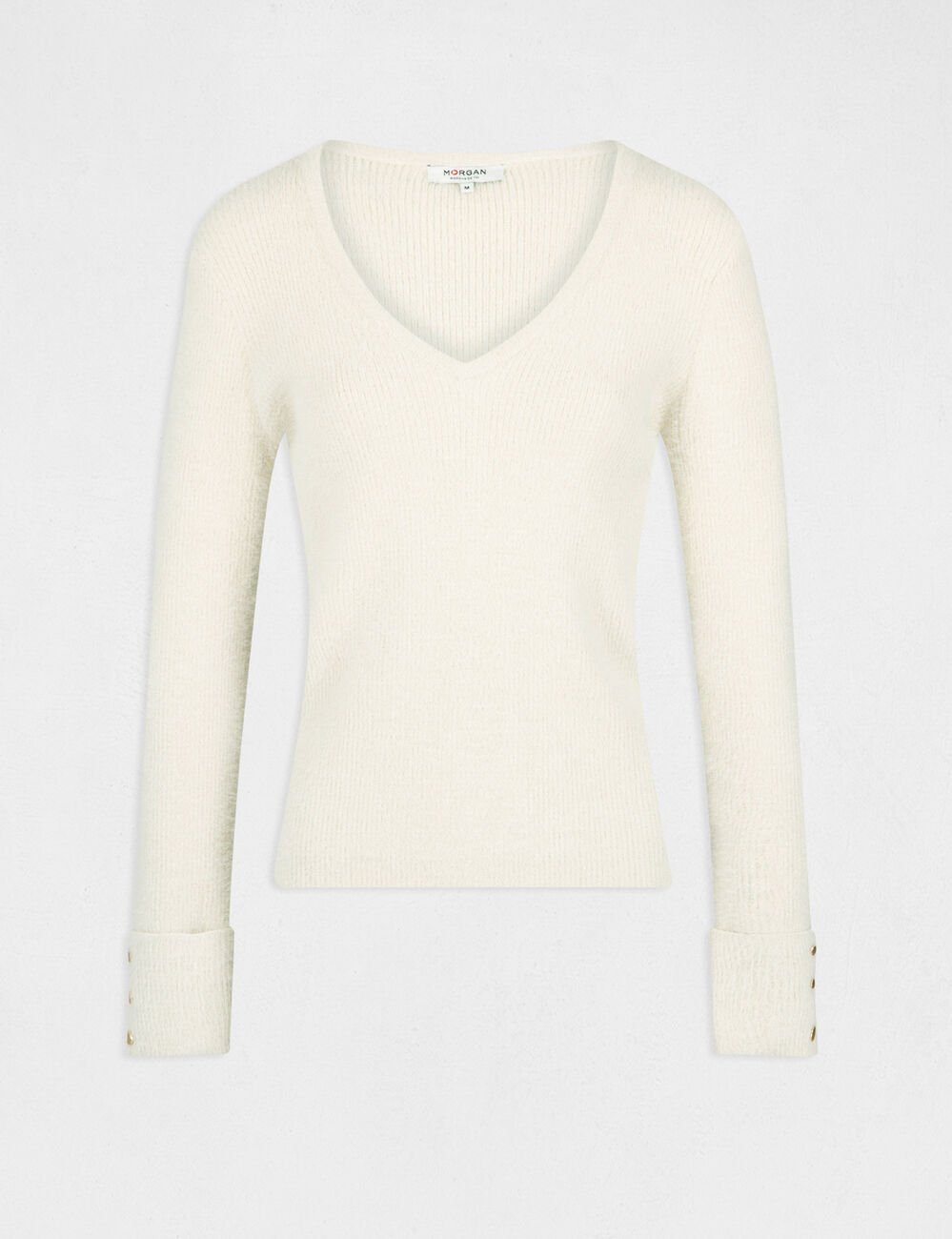 Pull manches longues avec col en V ivoire femme