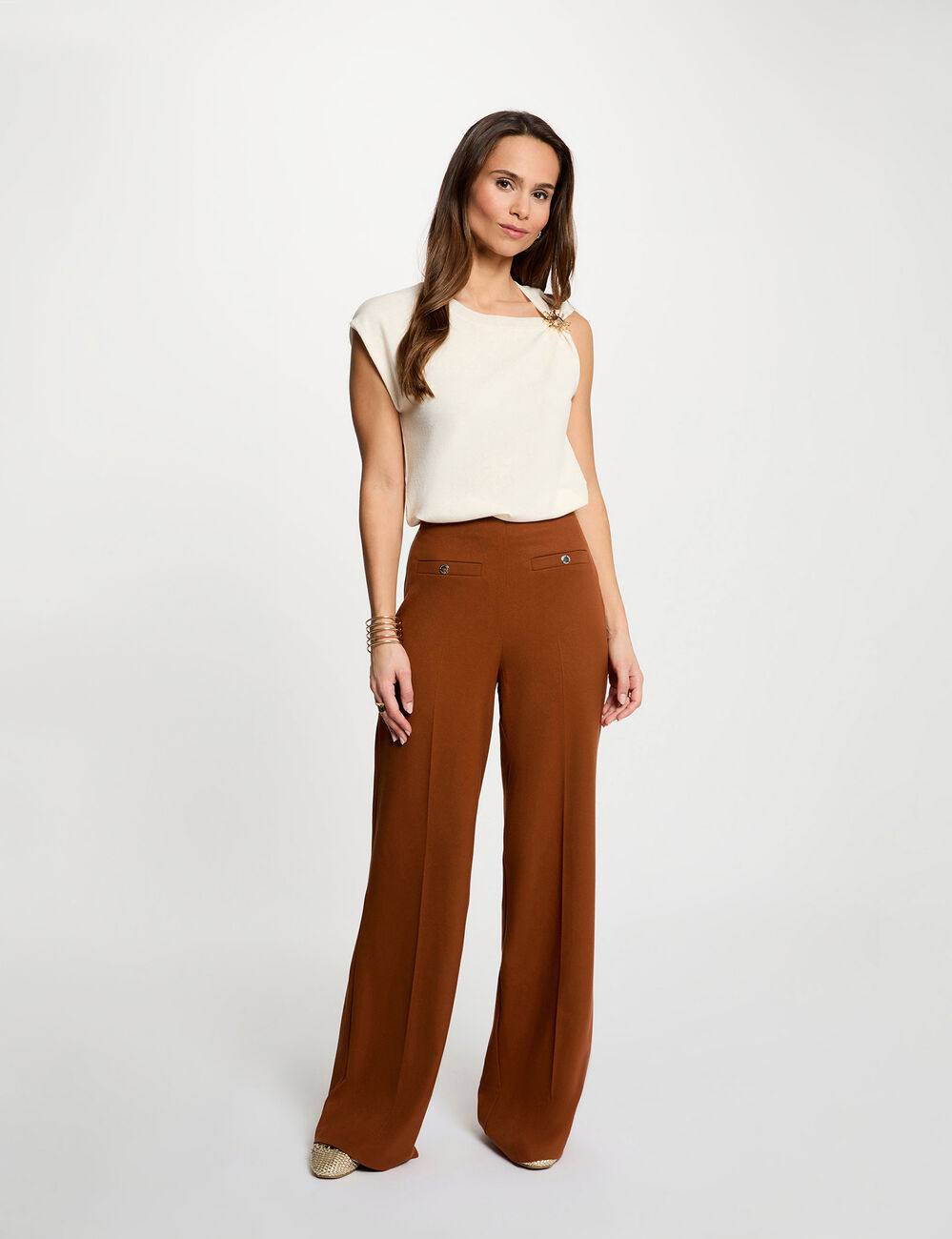 Hoge taille brede broek cognacbruin vrouw
