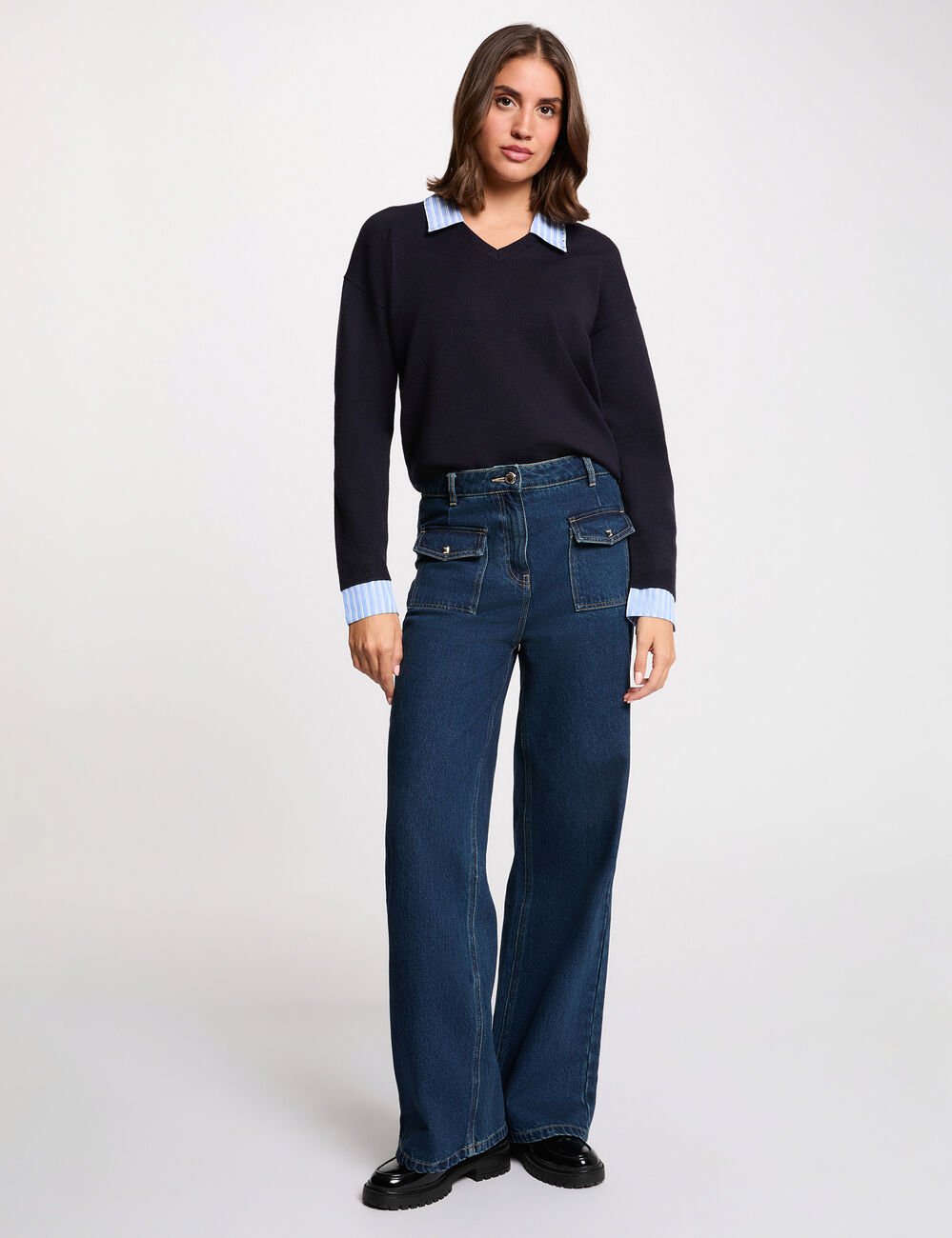 Gestreepte trui met reverskraag marineblauw vrouw