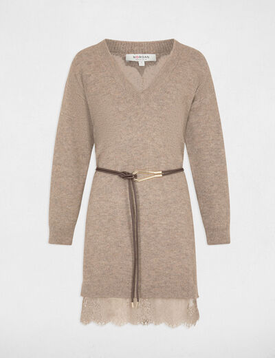 Robe tricot col v taupe femme