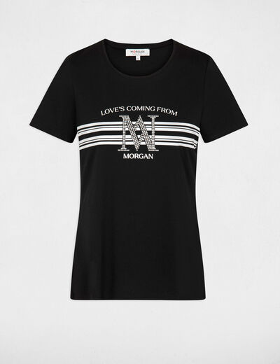 T-shirt met korte mouwen en strassstenen zwart vrouw