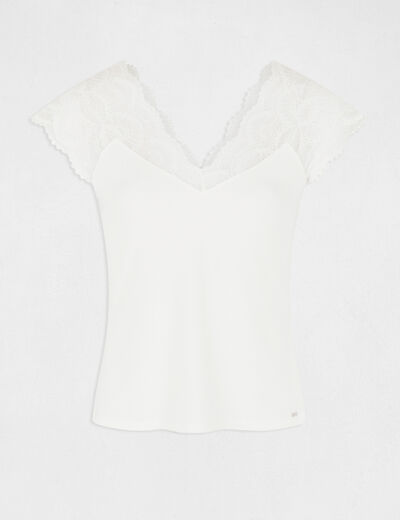 Kanten T-shirt met korte mouwen ivoor vrouw