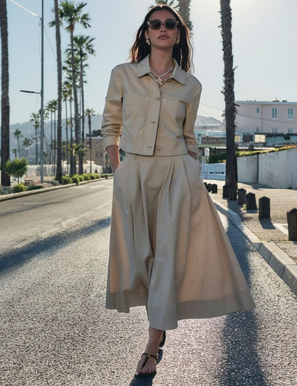 Jupe longue taille haute beige femme