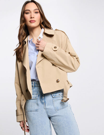 Korte trenchcoat met riem beige vrouw