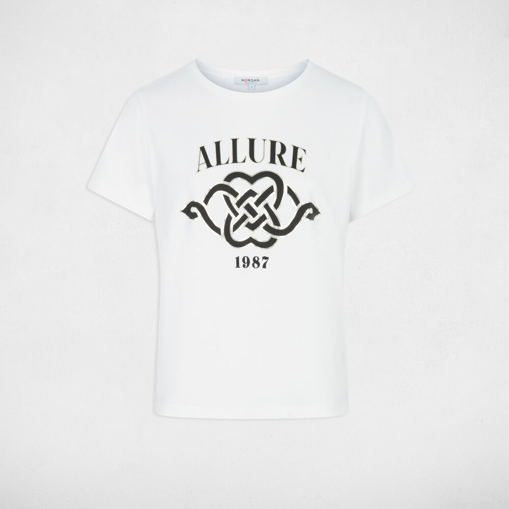 T-shirt met ronde hals en print helder wit vrouw