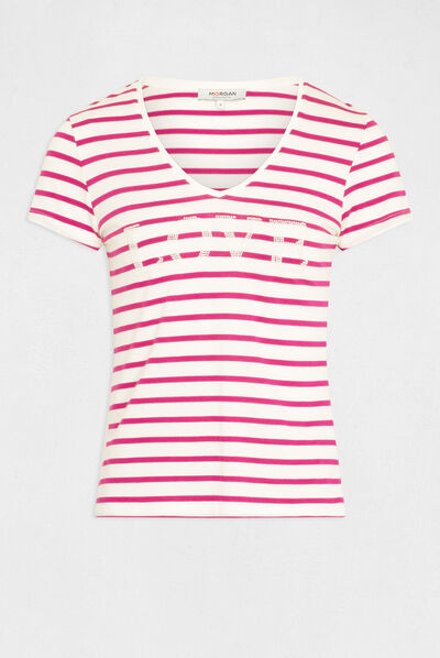 Gestreept T-shirt met korte mouwen framboos vrouw