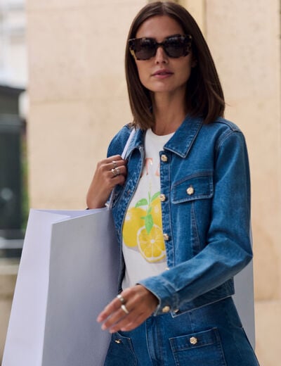 Veste jean cropped denim stone femme