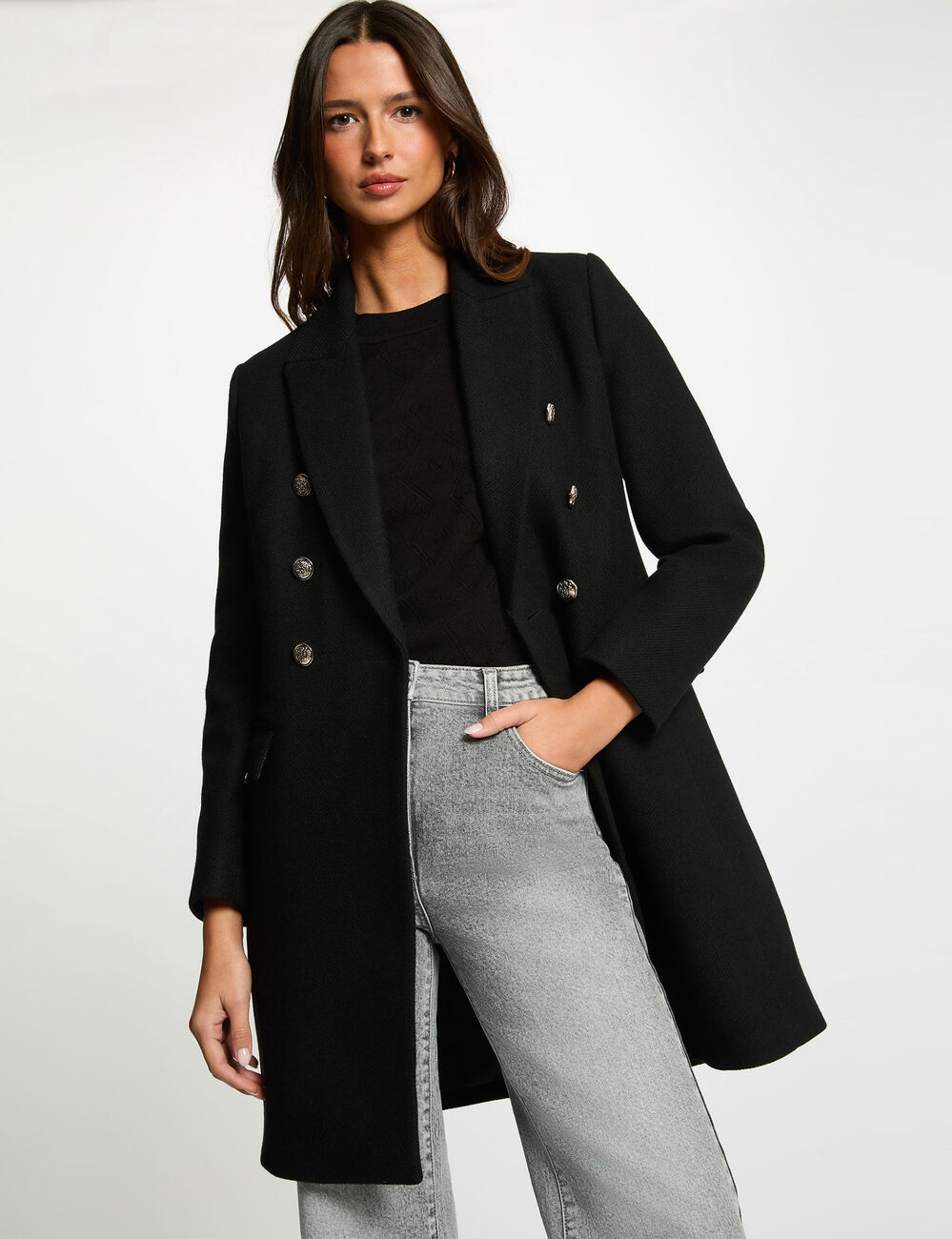 Manteau ajust&eacute; col tailleur noir femme