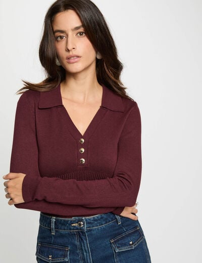 Pull ajusté col polo prune femme