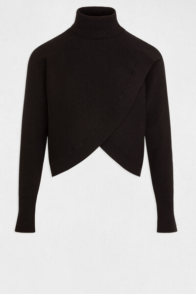Pull manches longues effet croisé noir femme