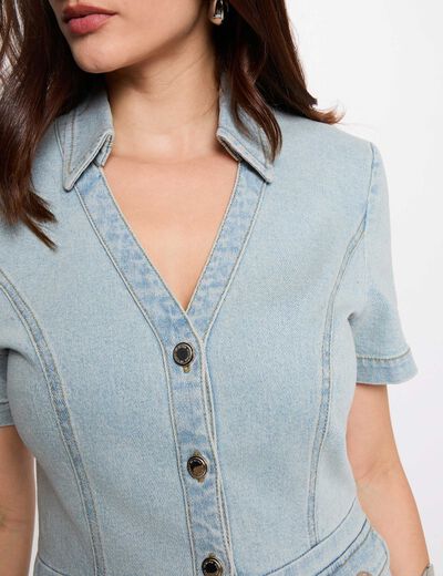 Robe courte trap&egrave;ze en jean denim bleach femme