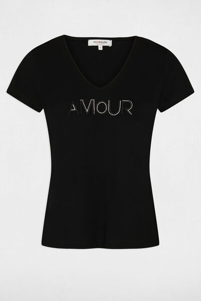 T-shirt met korte mouwen en letters zwart vrouw