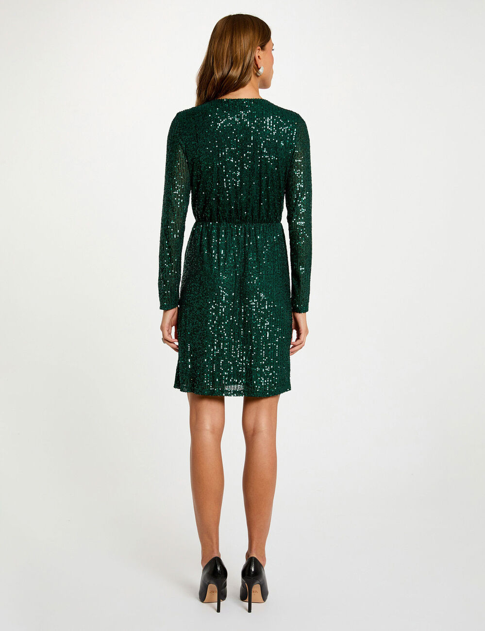 Robe courte ajustée sequins vert fonce femme