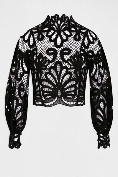 Blouse manches longues en dentelle noir femme