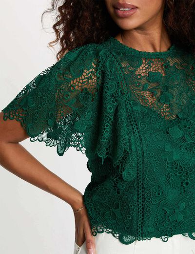 Top dentelle col rond vert femme