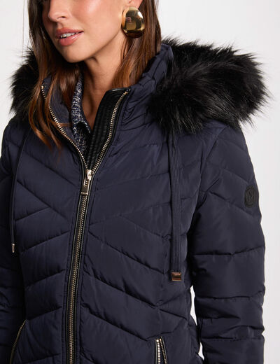 Doudoune longue à capuche bleu marine femme