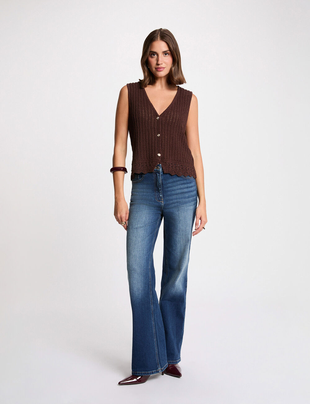 Gilet sans manches ajouré marron foncé femme