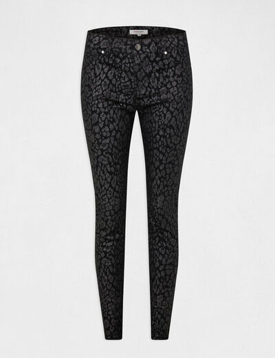 Pantalon skinny enduit imprimé léopard noir femme