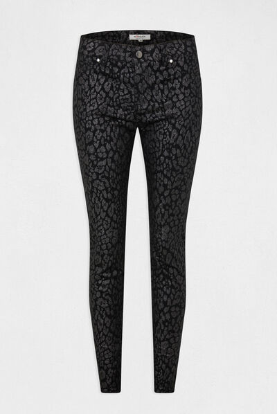 Pantalon skinny enduit imprimé léopard noir femme