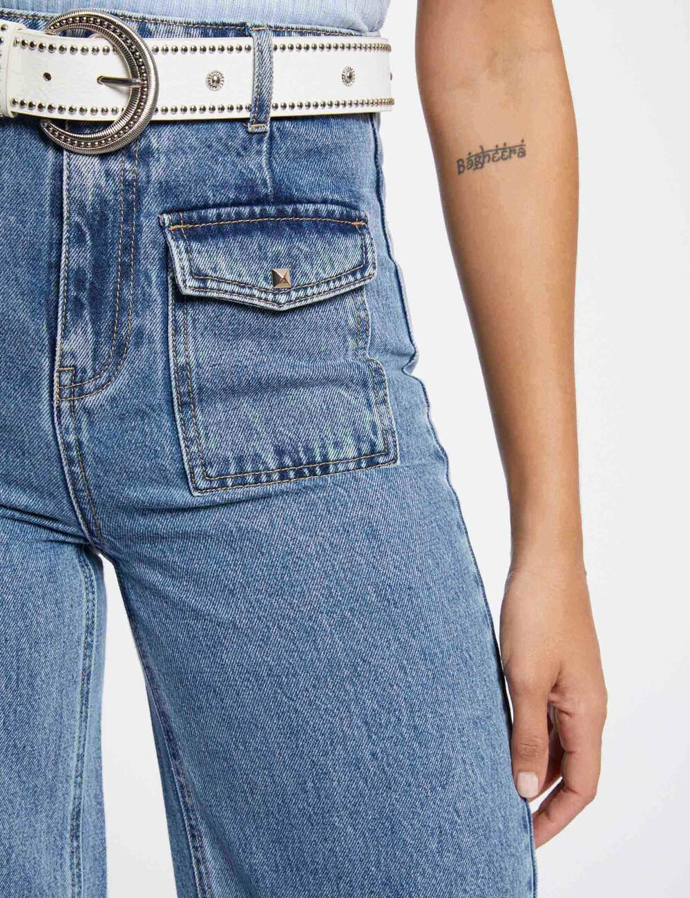 Wijde 7/8 jeans met hoge taille dubbel stone washed denim vrouw