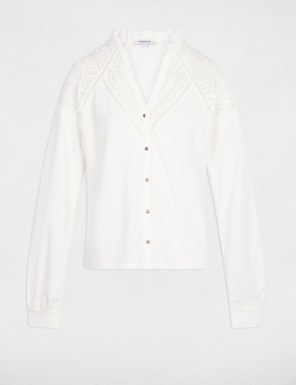 Kant T-shirt met V-hals helder wit vrouw