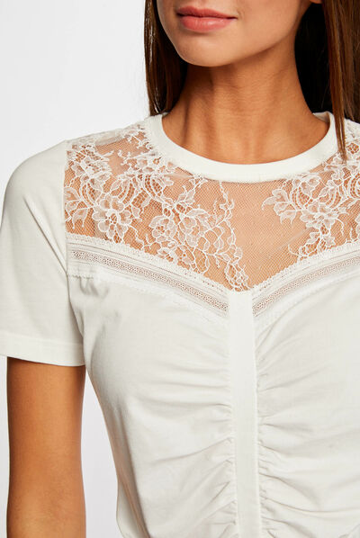 T-shirt met korte mouwen met kant ecru vrouw