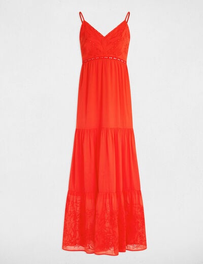 Robe longue fluide broderie orange femme