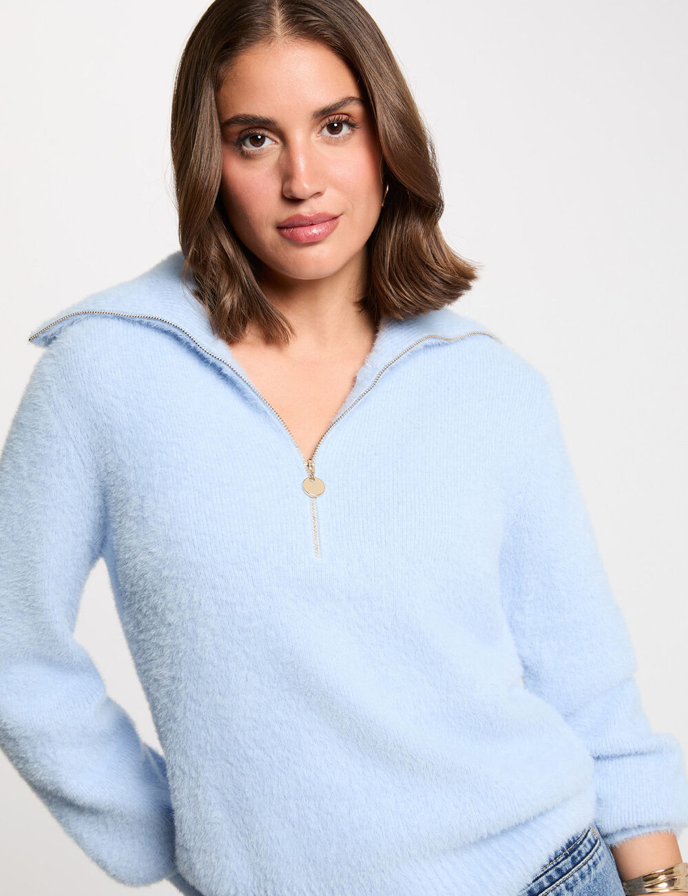 Pull manches longues à col zippé bleu ciel femme