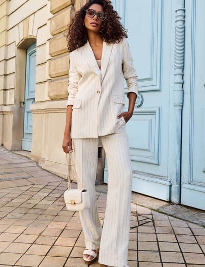 Pantalon large rayé beige femme