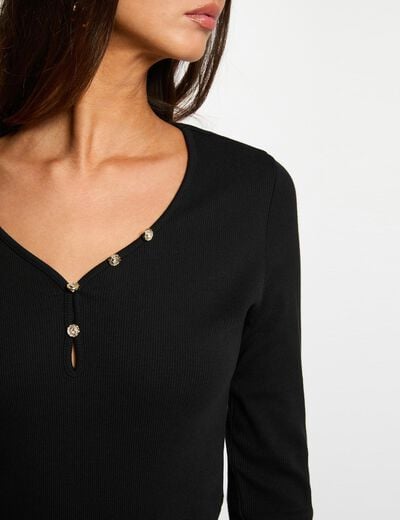 T-shirt col coeur boutonné noir femme