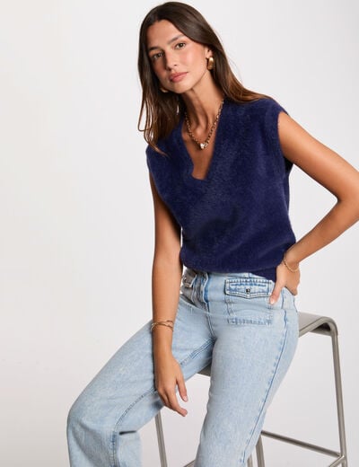 Pull sans manches bleu marine femme