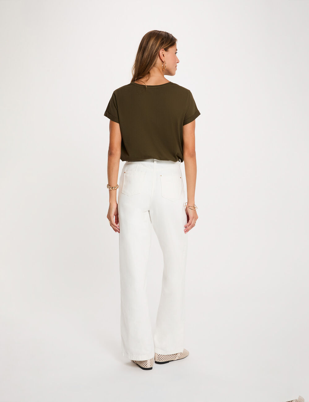 T-shirt col rond manches courtes vert kaki femme