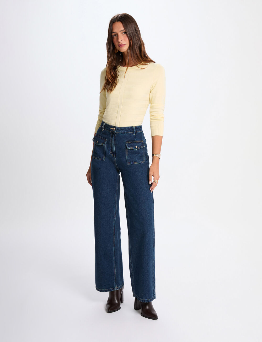 Pull ajusté col rond jaune clair femme