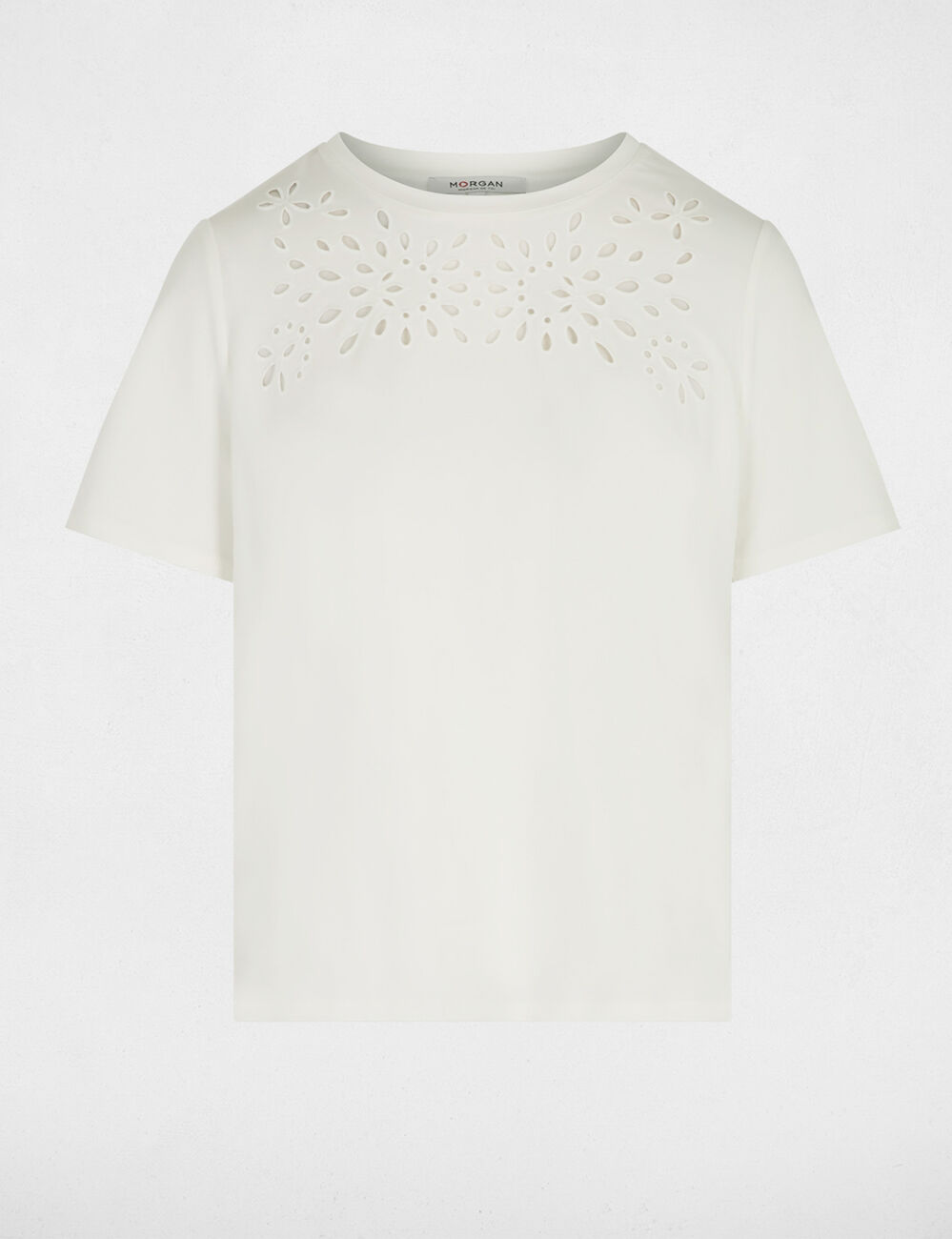 T-shirt brod&eacute; manches courtes blanc femme