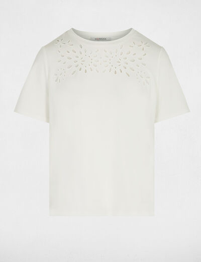 T-shirt brod&eacute; manches courtes blanc femme