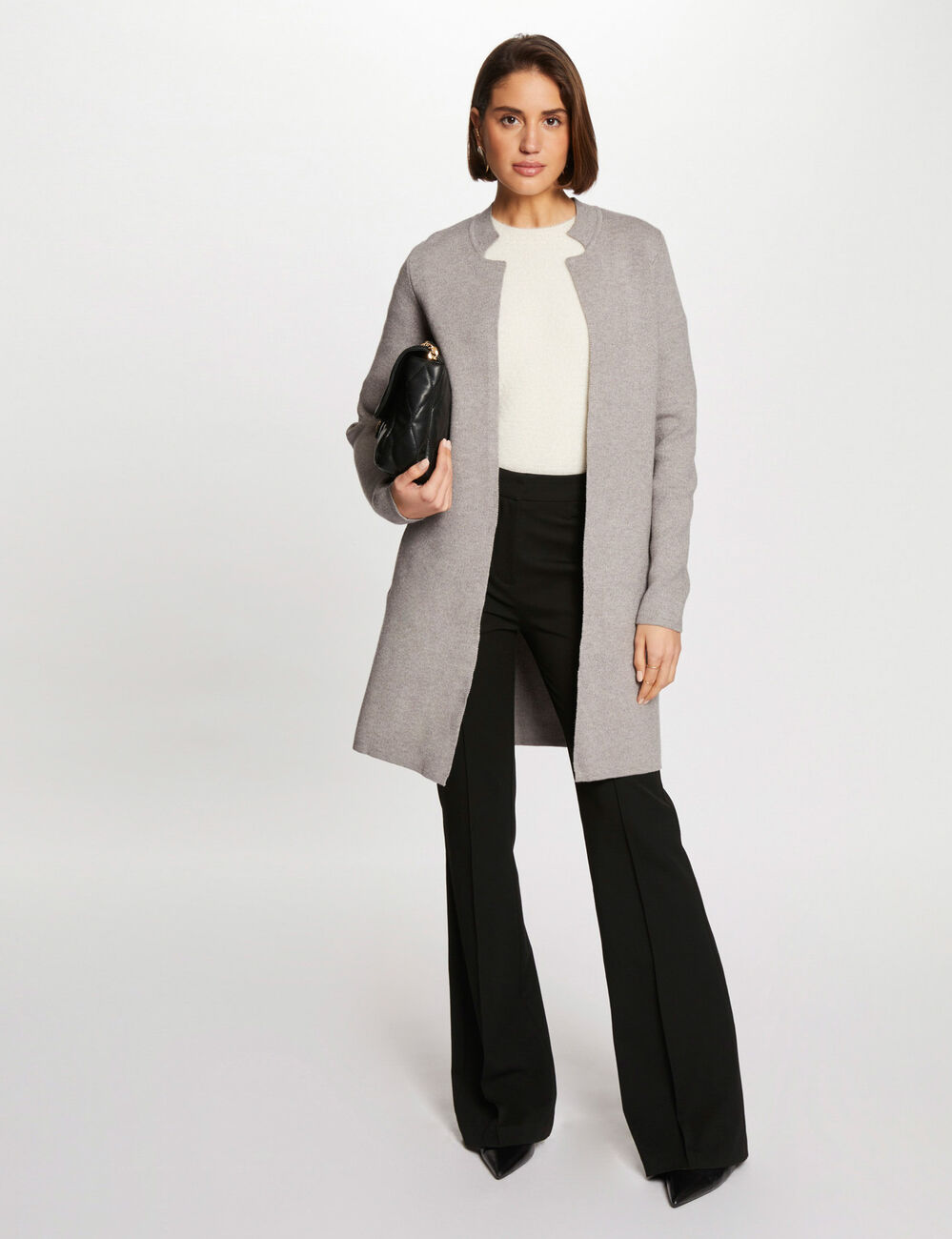 Gilet droit &agrave; col crant&eacute; gris clair femme