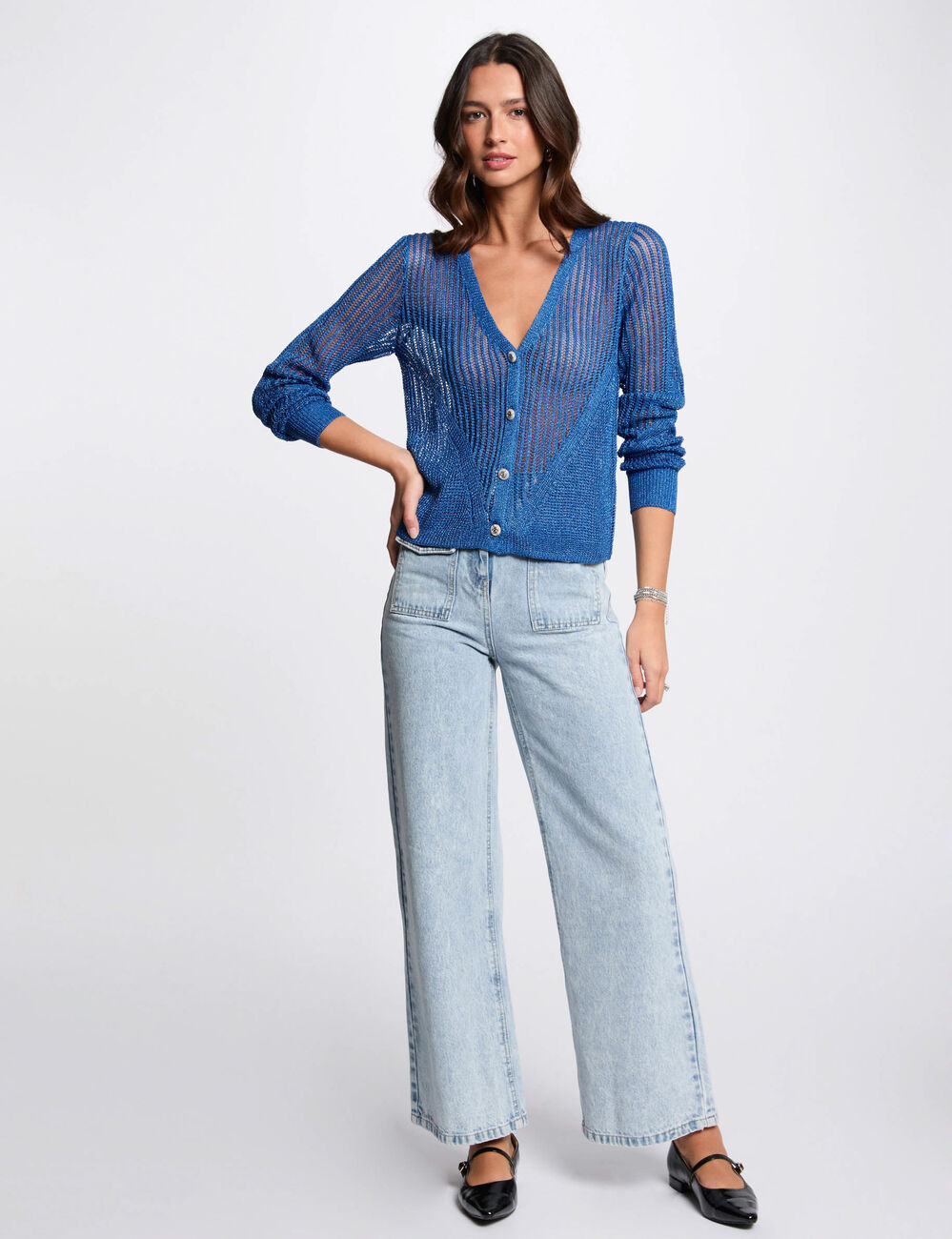 Opengewerkte vest lange mouwen bleu electrique vrouw