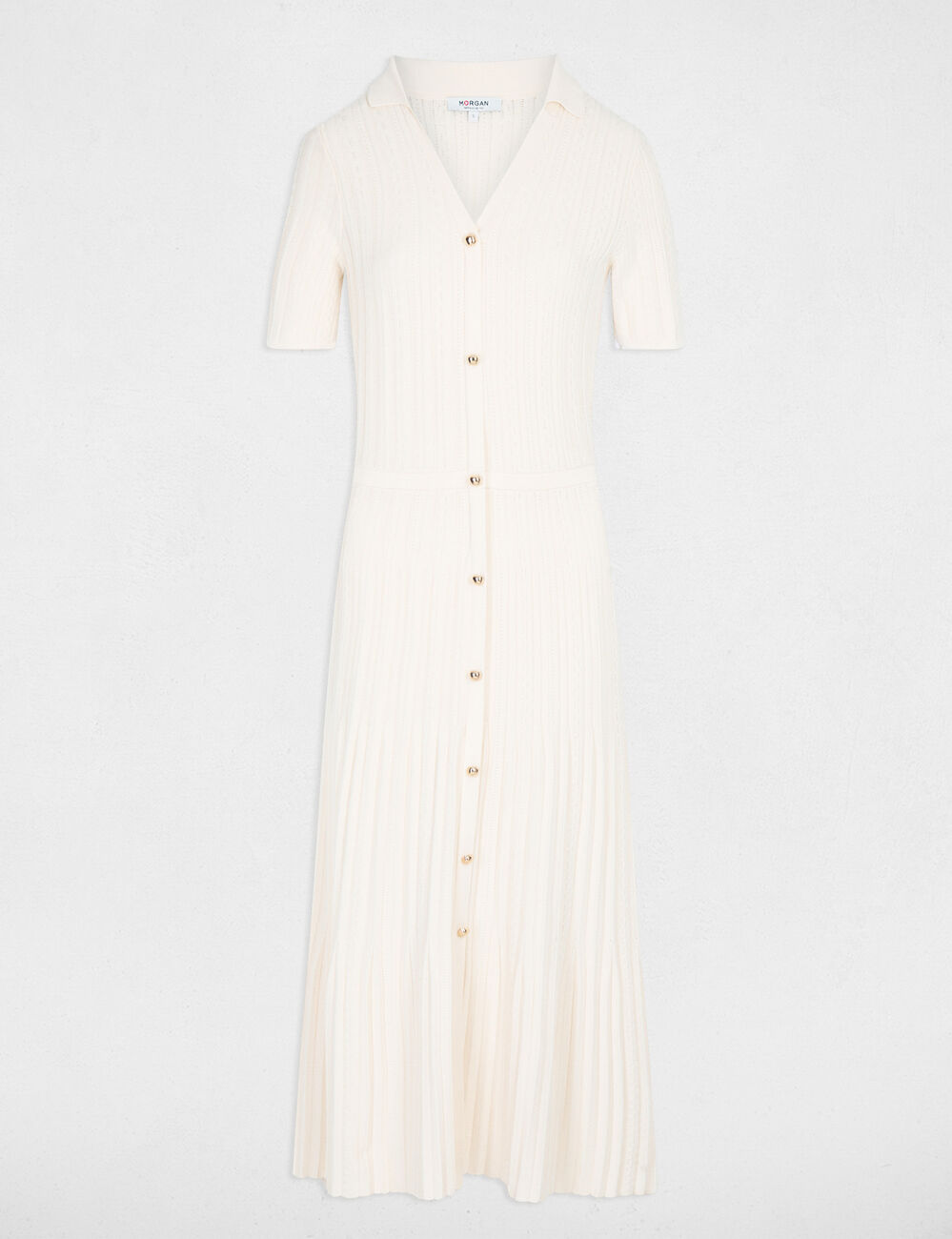 Robe tricot col &agrave; revers ivoire femme