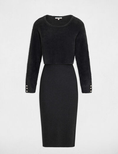 Robe tricot midi ajust&eacute;e 2-en-1 gris fonc&eacute; femme