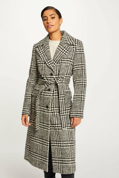 Manteau droit ceinturé imprimé ecru femme